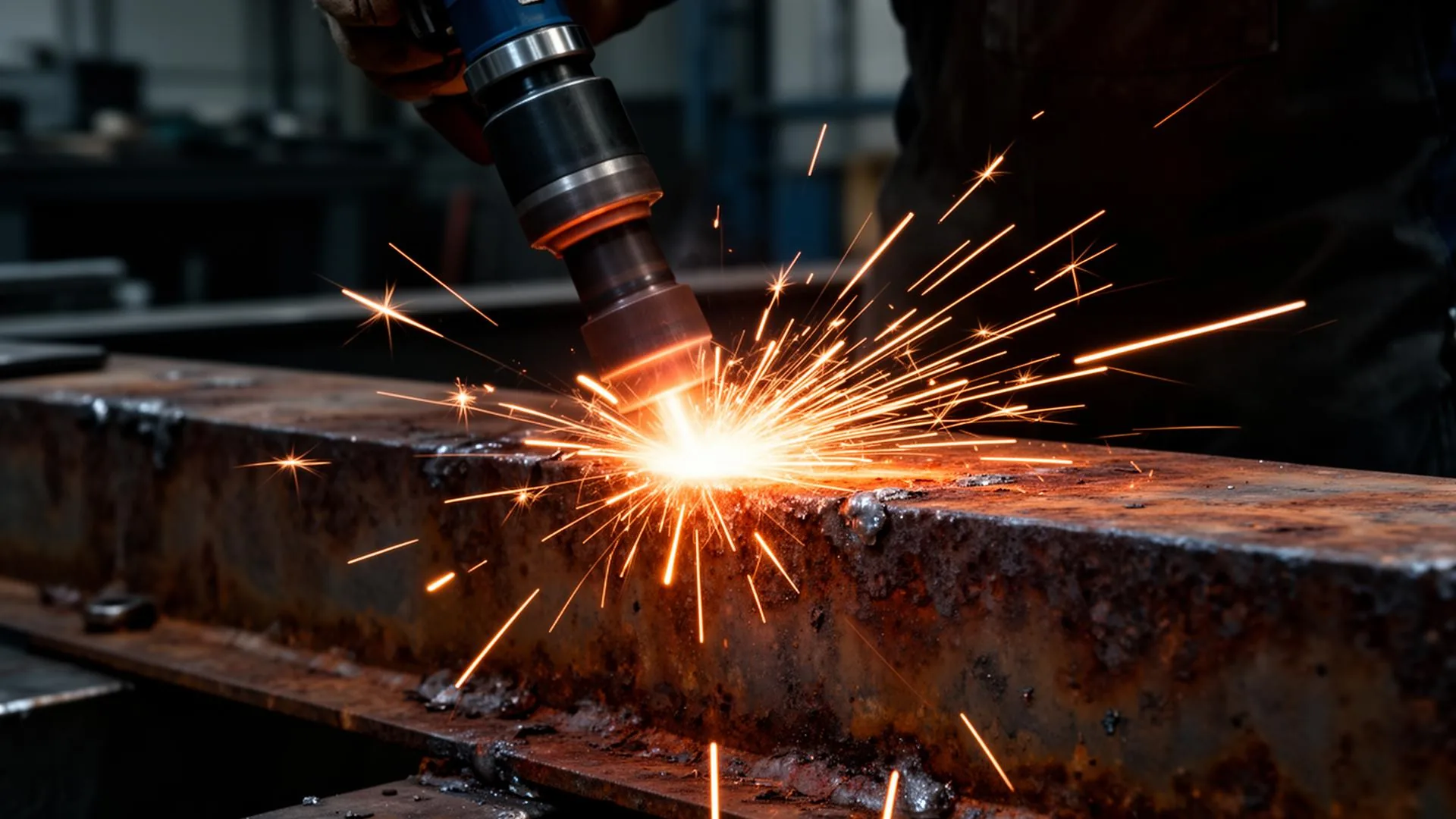 Laser rust removal sparks on metal